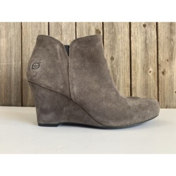 Born Shoes - Born Wedge Ankle Boots Womens 8 Brown Gray Suede Leather Comfort Pull On Booties